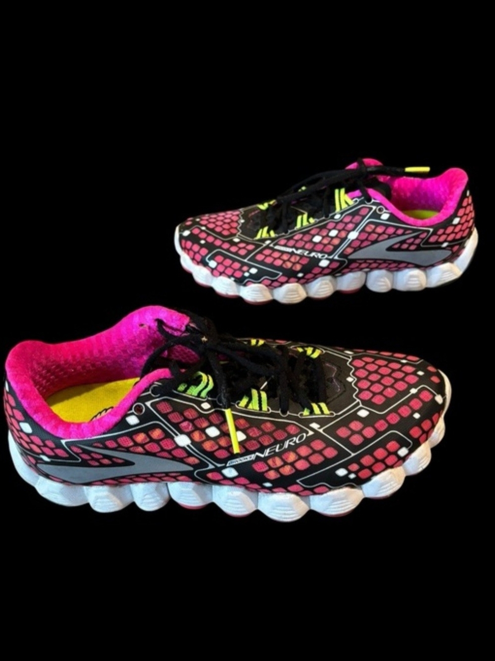 Brooks Women's Pink and Black Running Sneakers with Neon Yellow Accents
